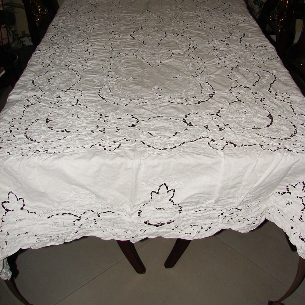 Rectangular White Embroidered Linen Tablecloth